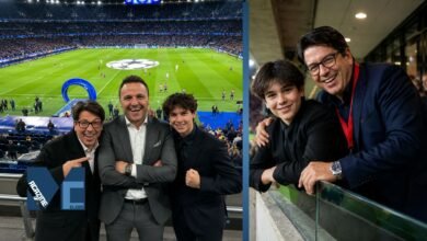 Split photo showing comedian Michael McIntyre and his son Lucas McIntyre smiling and enjoying a Champions League football match.
