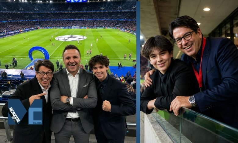 Split photo showing comedian Michael McIntyre and his son Lucas McIntyre smiling and enjoying a Champions League football match.