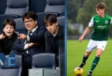 Split photo showing comedian Michael McIntyre pointing from stadium seats alongside his sons Oscar and Lucas, paired with a young athlete playing football on the field.