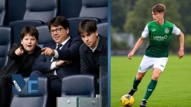 Split photo showing comedian Michael McIntyre pointing from stadium seats alongside his sons Oscar and Lucas, paired with a young athlete playing football on the field.