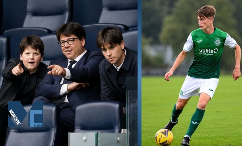 Split photo showing comedian Michael McIntyre pointing from stadium seats alongside his sons Oscar and Lucas, paired with a young athlete playing football on the field.