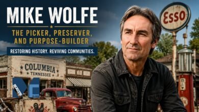 A professional banner image featuring a portrait of Mike Wolfe looking sideways, with text reading 'MIKE WOLFE THE PICKER, PRESERVER, AND PURPOSE-BUILDER RESTORING HISTORY. REVIVING COMMUNITIES.' over a vintage background of Columbia Tennessee, a rusty red classic truck, and an old retro Esso gas station pump, mike wolfe passion project
