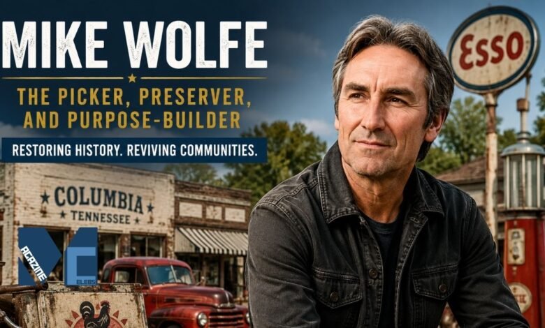 A professional banner image featuring a portrait of Mike Wolfe looking sideways, with text reading 'MIKE WOLFE THE PICKER, PRESERVER, AND PURPOSE-BUILDER RESTORING HISTORY. REVIVING COMMUNITIES.' over a vintage background of Columbia Tennessee, a rusty red classic truck, and an old retro Esso gas station pump, mike wolfe passion project