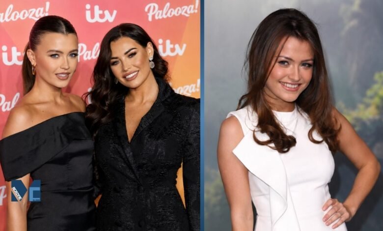 Natalya Wright and her sister Jessica Wright attending the ITV Palooza event, alongside a solo portrait of Natalya Wright in a white dress.