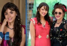 Split image featuring Nell Burton on the left, and a photo of her standing alongside her mother, British actress Helena Bonham Carter, on the right.