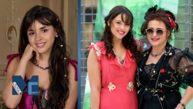 Split image featuring Nell Burton on the left, and a photo of her standing alongside her mother, British actress Helena Bonham Carter, on the right.