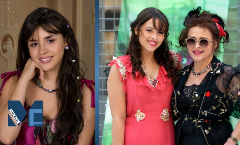 Split image featuring Nell Burton on the left, and a photo of her standing alongside her mother, British actress Helena Bonham Carter, on the right.