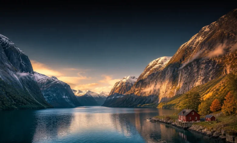 Stunning aerial view of a majestic Norwegian fjord landscape with deep blue water, steep mountain cliffs, and traditional red wooden cabins under a golden sunset reflecting Nerwey geography.