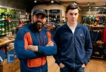Oakley Middleton standing next to his father, former Special Forces operator Ant Middleton, inside a retail store.