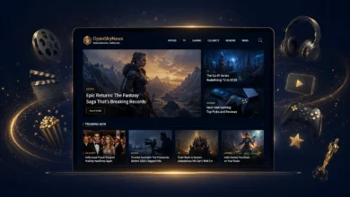 A laptop screen displaying the OpenSkyNews entertainment website interface with floating 3D movie icons gaming controller headphone and Oscar trophy.