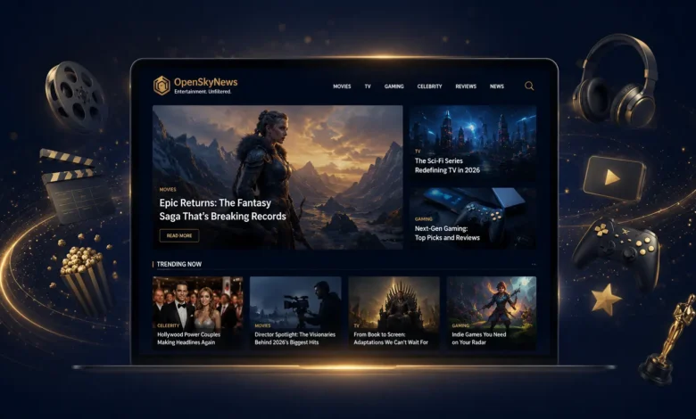 A laptop screen displaying the OpenSkyNews entertainment website interface with floating 3D movie icons gaming controller headphone and Oscar trophy.