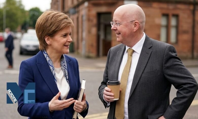 Peter Murrell and Nicola Sturgeon speaking together outdoors during a public appearance in Scotland