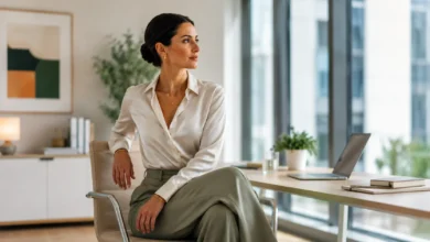 Professional woman in elegant attire sitting with perfect posture at a modern office desk, representing estilismo laboral and workplace wellness.