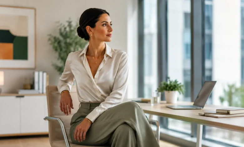Professional woman in elegant attire sitting with perfect posture at a modern office desk, representing estilismo laboral and workplace wellness.