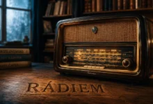 Vintage Czech radio receiver with Talisman emblem on a wooden desk featuring the engraved word Rádiem to illustrate Central European broadcasting history.