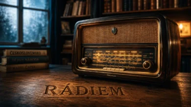 Vintage Czech radio receiver with Talisman emblem on a wooden desk featuring the engraved word Rádiem to illustrate Central European broadcasting history.