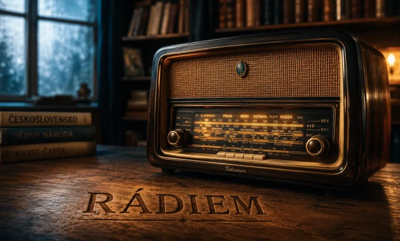 Vintage Czech radio receiver with Talisman emblem on a wooden desk featuring the engraved word Rádiem to illustrate Central European broadcasting history.