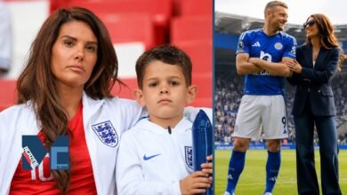 Split photo showing Rebekah Vardy supporting England with her son in the stands, paired with a picture of her smiling alongside husband Jamie Vardy on the Leicester City pitch.