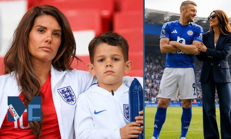 Split photo showing Rebekah Vardy supporting England with her son in the stands, paired with a picture of her smiling alongside husband Jamie Vardy on the Leicester City pitch.