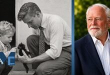 Young David Attenborough interacting with his son Robert Attenborough in a vintage black and white family photo beside a modern portrait