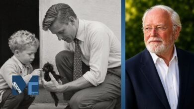 Young David Attenborough interacting with his son Robert Attenborough in a vintage black and white family photo beside a modern portrait