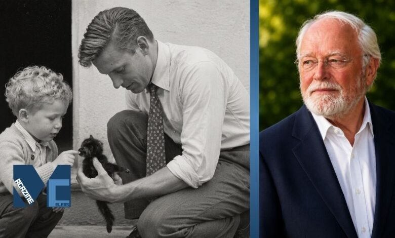 Young David Attenborough interacting with his son Robert Attenborough in a vintage black and white family photo beside a modern portrait