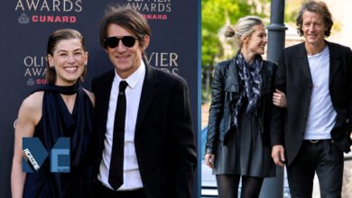 Robie Uniacke and his partner actress Rosamund Pike attending the Olivier Awards and walking together