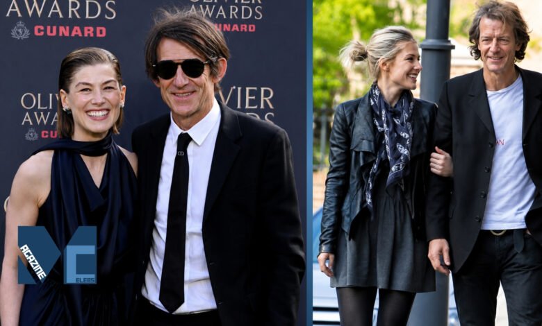 Robie Uniacke and his partner actress Rosamund Pike attending the Olivier Awards and walking together