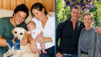 Bear Grylls and his wife Shara Grylls then and now, showing a throwback family photo with their baby and dog alongside a recent picture.