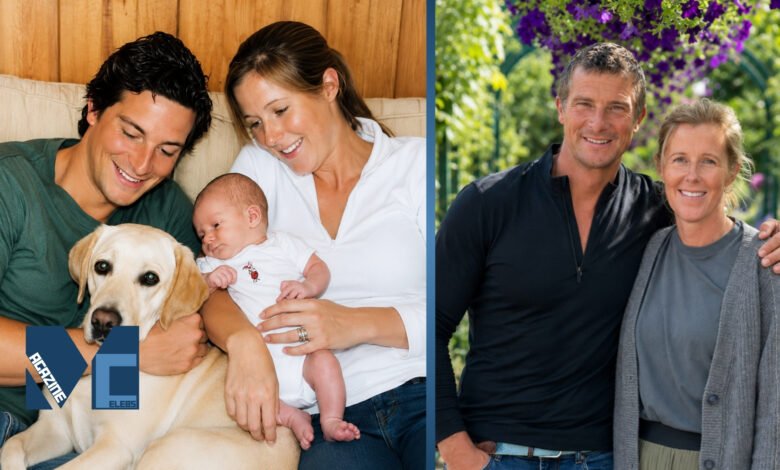 Bear Grylls and his wife Shara Grylls then and now, showing a throwback family photo with their baby and dog alongside a recent picture.