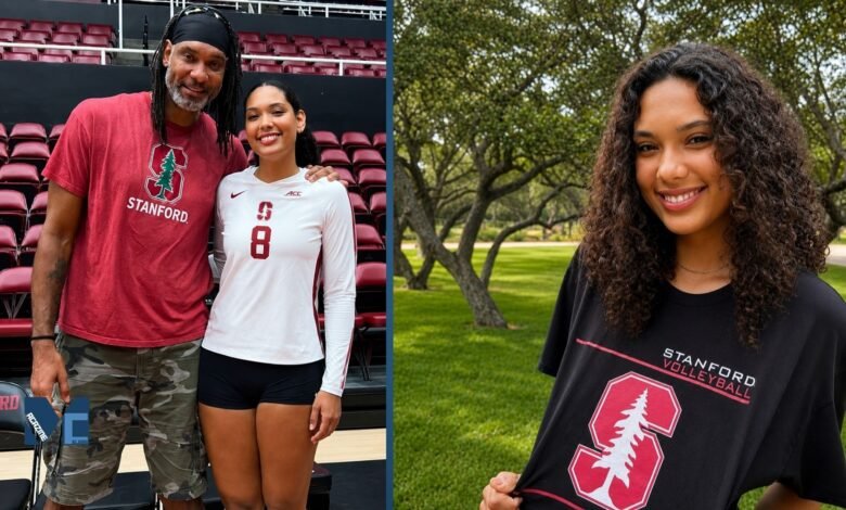 Sidney Duncan, the 6-foot-4 middle blocker for Stanford women's volleyball, pictured in her #8 jersey alongside her father, NBA Hall of Famer Tim Duncan.