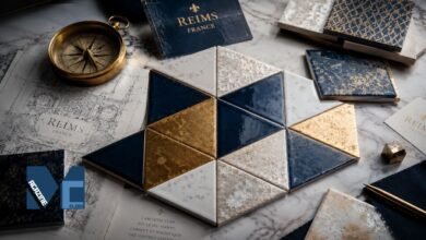 A premium flat lay presentation of triangular geometric ceramic tiles arranged in a mosaic pattern featuring navy blue glossy finish, gold foil texture, and white marble textures, surrounded by architectural blueprints with 'REIMS FRANCE' text, a brass compass, and premium material samples on a white marble surface.