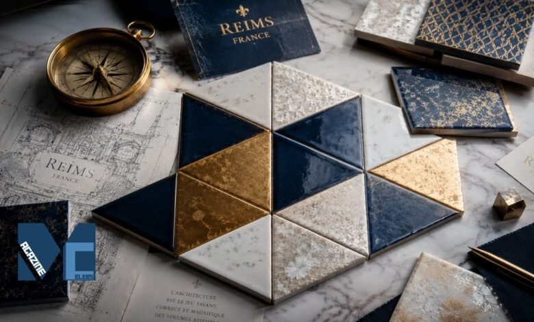 A premium flat lay presentation of triangular geometric ceramic tiles arranged in a mosaic pattern featuring navy blue glossy finish, gold foil texture, and white marble textures, surrounded by architectural blueprints with 'REIMS FRANCE' text, a brass compass, and premium material samples on a white marble surface.