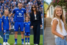 Jamie Vardy and Rebekah Vardy with their daughter Sofia Vardy and siblings on the football pitch, alongside a recent lifestyle portrait of Sofia.