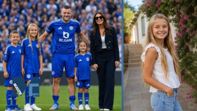 Jamie Vardy and Rebekah Vardy with their daughter Sofia Vardy and siblings on the football pitch, alongside a recent lifestyle portrait of Sofia.