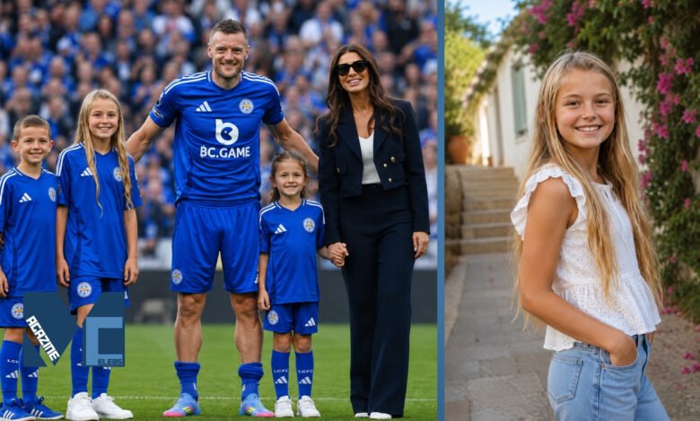 Jamie Vardy and Rebekah Vardy with their daughter Sofia Vardy and siblings on the football pitch, alongside a recent lifestyle portrait of Sofia.