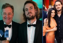Split photo showing Piers Morgan and his son Spencer William Morgan in tuxedos at a formal event, alongside Spencer attending an exclusive party with a female companion.