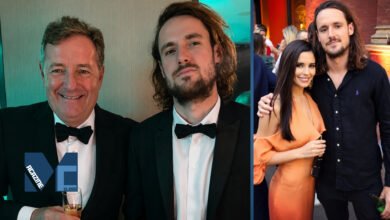Split photo showing Piers Morgan and his son Spencer William Morgan in tuxedos at a formal event, alongside Spencer attending an exclusive party with a female companion.