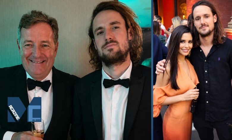 Split photo showing Piers Morgan and his son Spencer William Morgan in tuxedos at a formal event, alongside Spencer attending an exclusive party with a female companion.