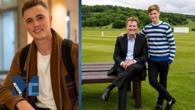 Stanley Christopher Morgan in a stylish indoor portrait beside an outdoor family-style photograph on a scenic field.
