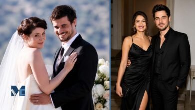 Stefano Catelli and ex-wife Gemma Arterton pictured together in wedding attire and formal evening wear.