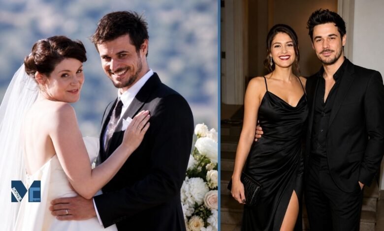 Stefano Catelli and ex-wife Gemma Arterton pictured together in wedding attire and formal evening wear.