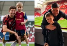 Steven Gerrard with his son Lio George Gerrard at Anfield Stadium and football pitch.