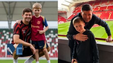 Steven Gerrard with his son Lio George Gerrard at Anfield Stadium and football pitch.