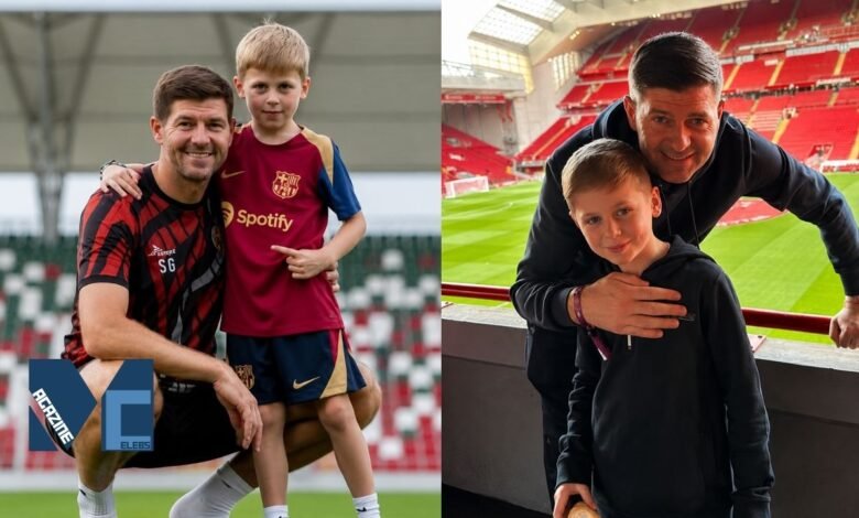 Steven Gerrard with his son Lio George Gerrard at Anfield Stadium and football pitch.
