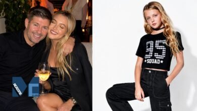 Steven Gerrard holding his wife Alex Curran on the left, side-by-side with a portrait of their young daughter Lexie Gerrard modeling black cargo pants and a graphic crop top on the right.