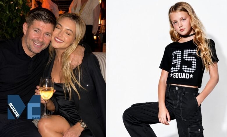 Steven Gerrard holding his wife Alex Curran on the left, side-by-side with a portrait of their young daughter Lexie Gerrard modeling black cargo pants and a graphic crop top on the right.