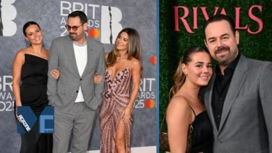 A side-by-side composite image showing British actor Danny Dyer with his daughters. On the left, Sunnie Jo Dyer, Danny Dyer, and Dani Dyer pose together at the 2025 BRIT Awards. On the right, Sunnie Jo Dyer and her father attend the 2024 premiere of the Disney+ series Rivals.