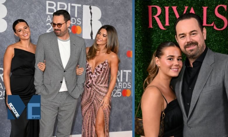A side-by-side composite image showing British actor Danny Dyer with his daughters. On the left, Sunnie Jo Dyer, Danny Dyer, and Dani Dyer pose together at the 2025 BRIT Awards. On the right, Sunnie Jo Dyer and her father attend the 2024 premiere of the Disney+ series Rivals.
