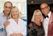 A split image showing Theo Paphitis and his wife Debbie Paphitis posing together in a casual daytime setting on the left, and dressed in formal evening wear on the right.